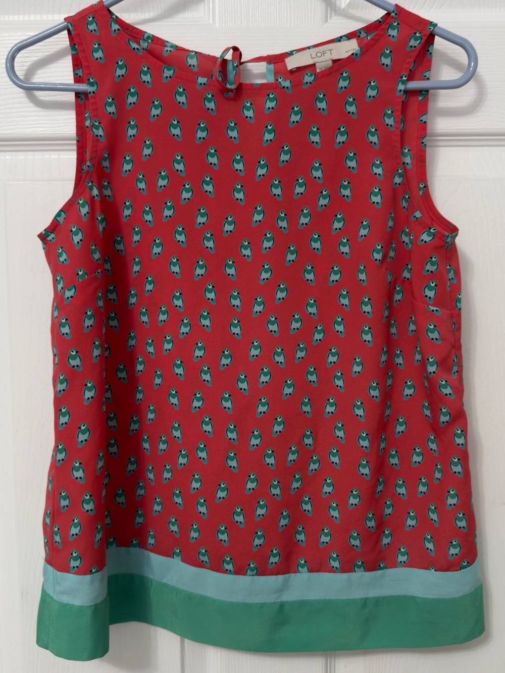 LOFT Red Bird-Print Sleeveless Shell with Teal and Green Trim